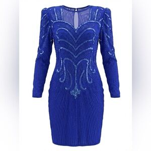 SCALA Cocktail Dress,Blue 100% Silk SequinArt Deco vintage 80s Mardi Gras midi